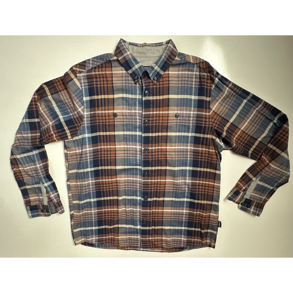 Patagonia Mens Organic Cotton Plaid Button Down Shirt Brown Blue Large NWOT